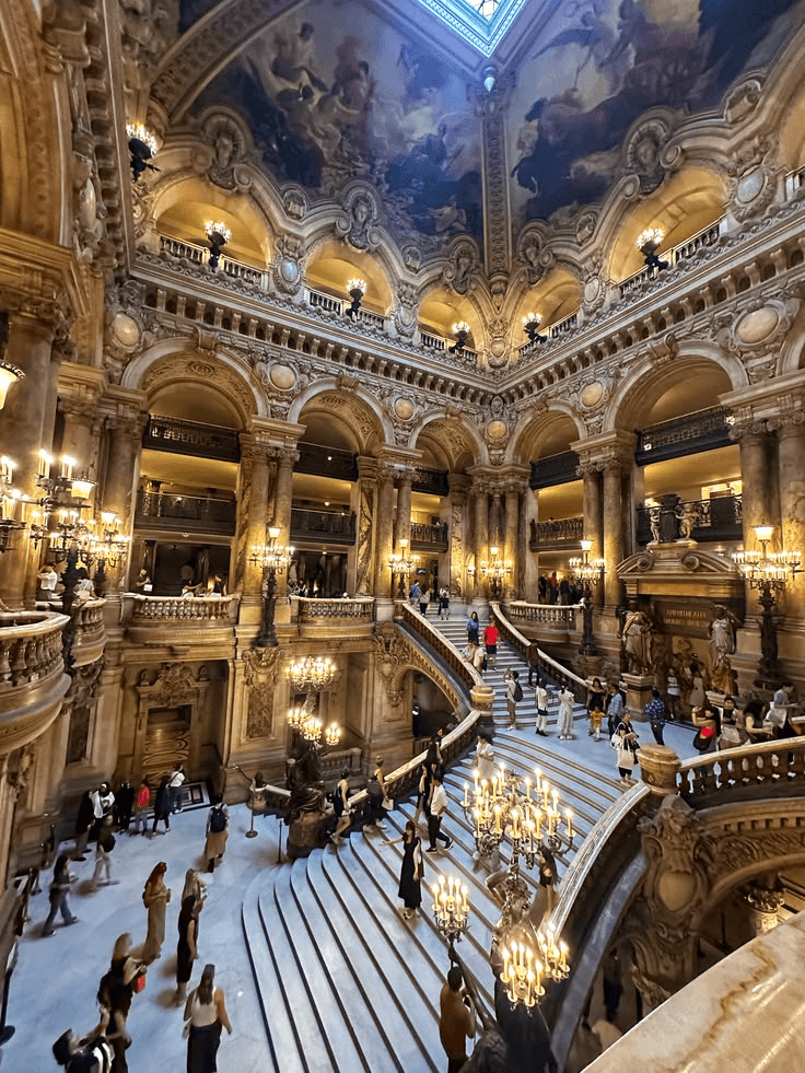 The grand staircase and ornate interior of Palais Garnier in Paris